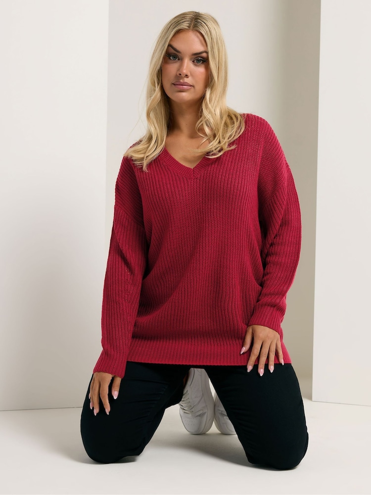 Yours Curve Bright Red Drop Shoulder Jumper - Image 1 of 5 Yours Curve Bright Red Drop Shoulder Jumper - Image 1 of 5