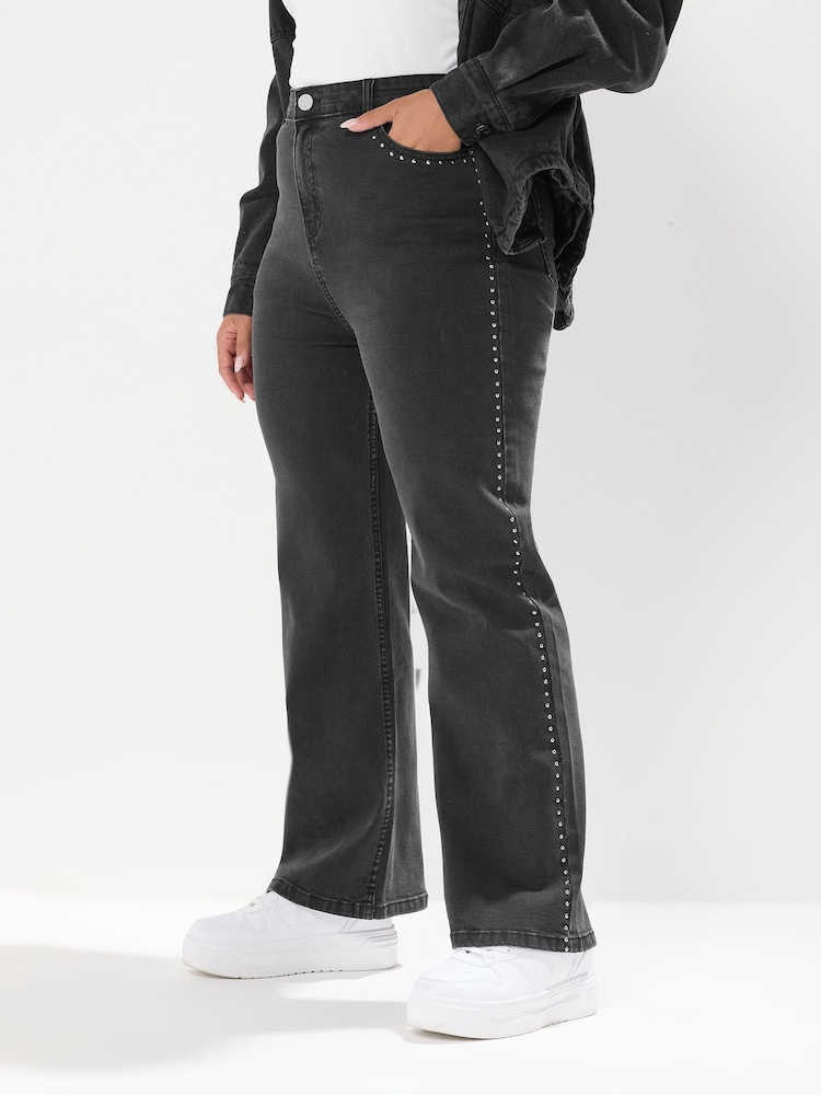 Yours Curve Black Wide Fit Stud Detail Wide Leg Jeans - Image 1 of 5 Yours Curve Black Wide Fit Stud Detail Wide Leg Jeans - Image 1 of 5