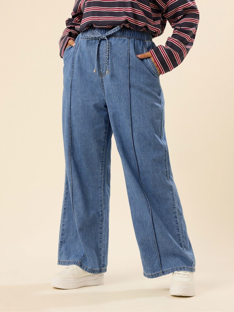 Yours Curve Blue Wide Fit Wide Leg Seam Front Jeans - Image 1 of 5