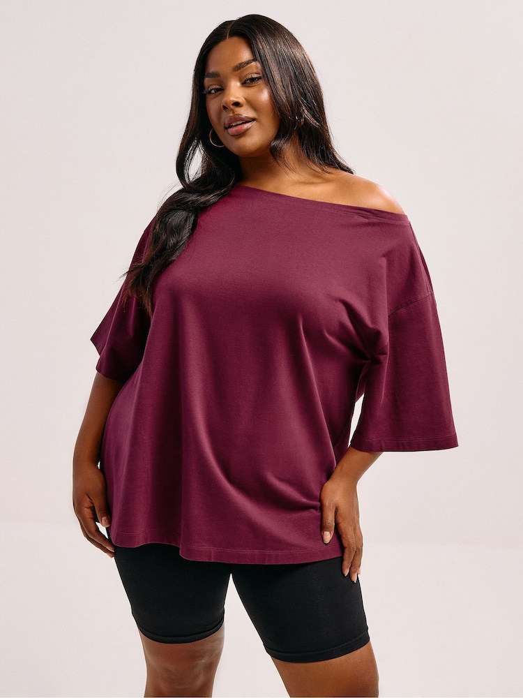 Yours Curve Red Slash Neck Heavy Weight T-Shirt - Image 1 of 5