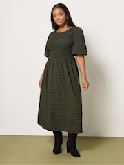 Yours Curve Green Textured Shirred Check Dress - Image 1 of 5