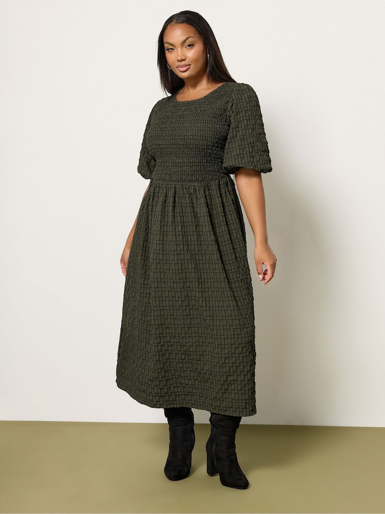Yours Curve Green Textured Shirred Check Dress - Image 1 of 5