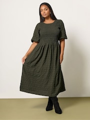 Yours Curve Green Textured Shirred Check Dress - Image 2 of 5
