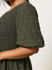 Yours Curve Green Textured Shirred Check Dress - Image 4 of 5