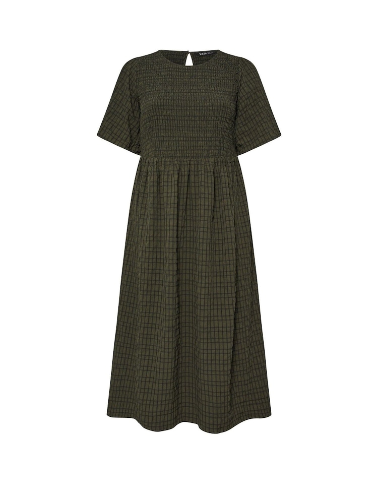 Yours Curve Green Textured Shirred Check Dress - Image 5 of 5