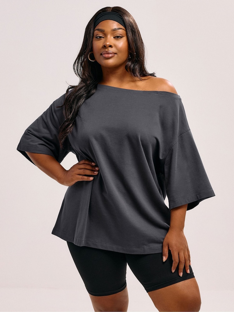 Yours Curve Grey Slash Neck Heavy Weight T-Shirt - Image 1 of 5