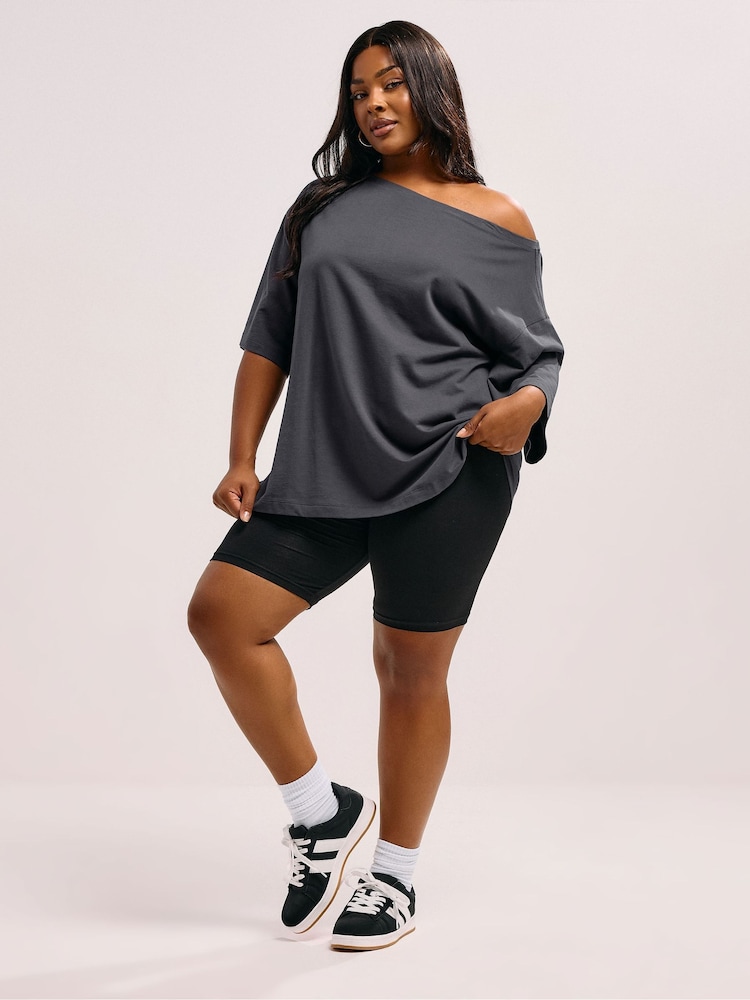 Yours Curve Grey Slash Neck Heavy Weight T-Shirt - Image 2 of 5