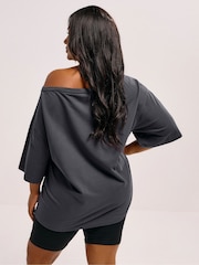Yours Curve Grey Slash Neck Heavy Weight T-Shirt - Image 3 of 5