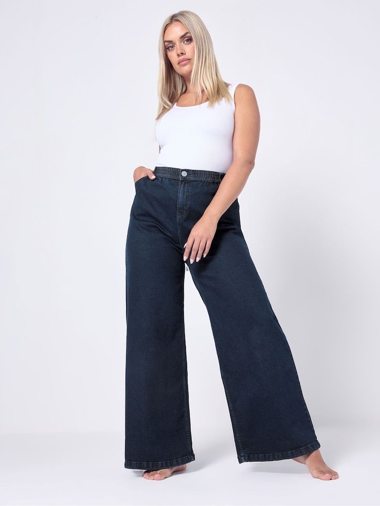 Yours Curve Blue Wide Fit Wide Leg Puddle Jeans - Image 1 of 5 Yours Curve Blue Wide Fit Wide Leg Puddle Jeans - Image 1 of 5