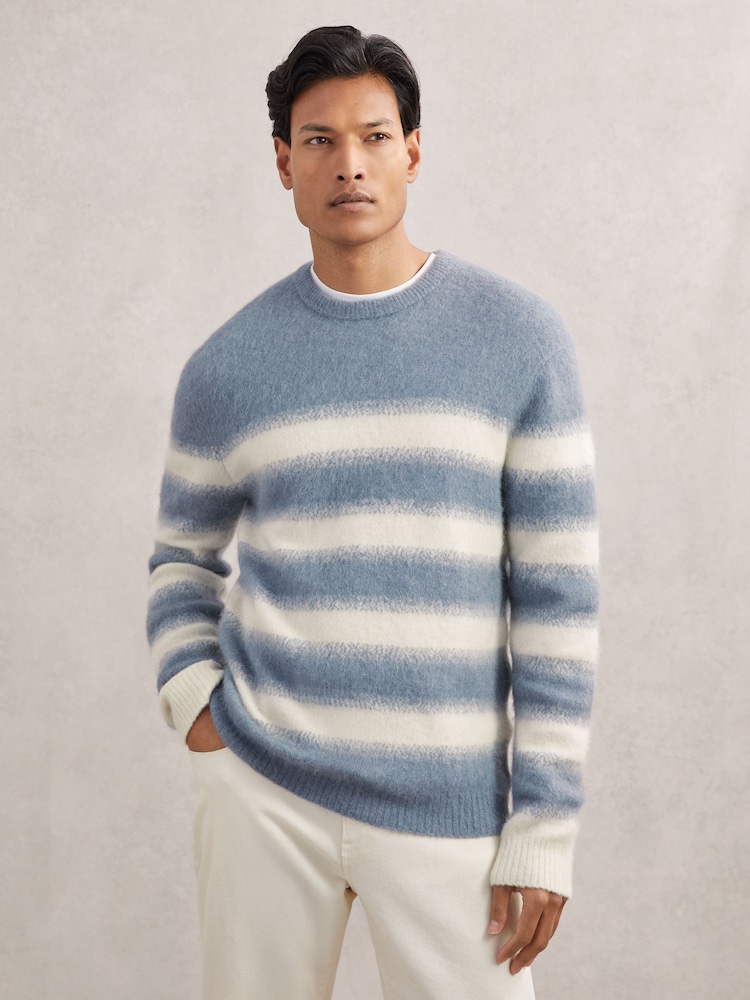 Reiss Soft Blue/White Piers Wool-Alpaca Blend Stripe Jumper - Image 1 of 6 Reiss Soft Blue/White Piers Wool-Alpaca Blend Stripe Jumper - Image 1 of 6