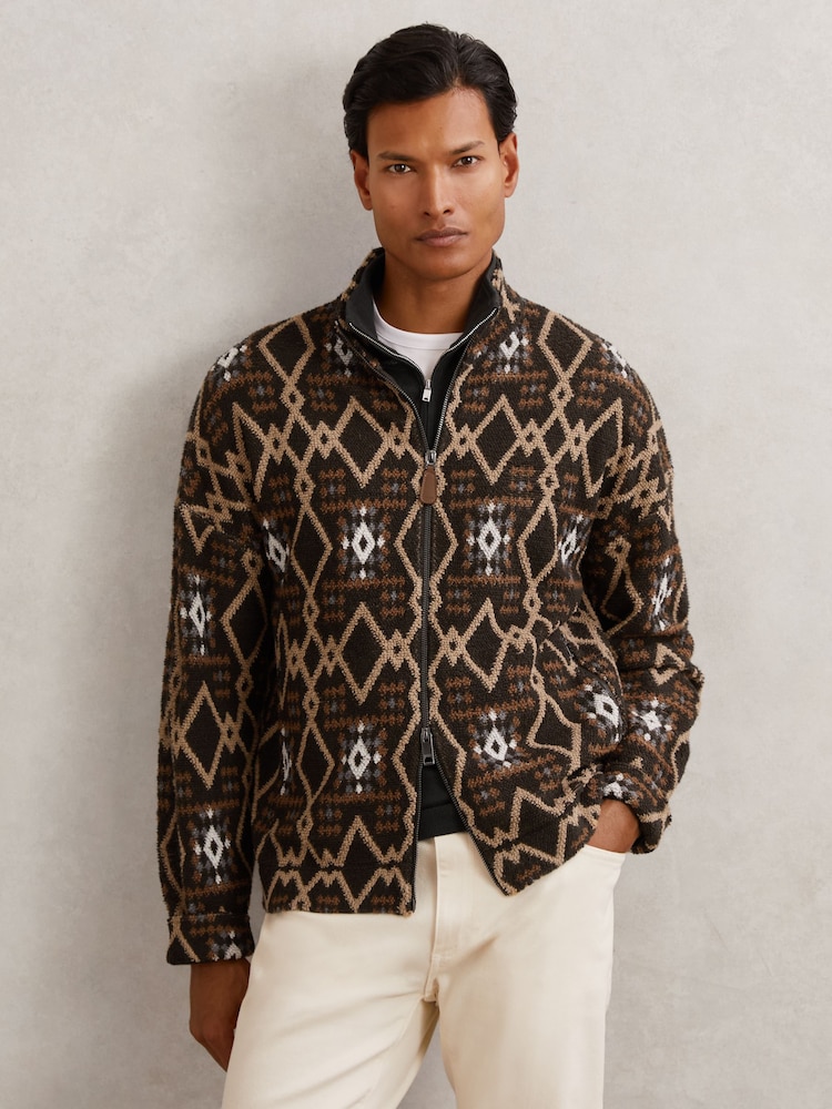 Reiss Tuft Geometric Fair Isle Zip-Through Jumper with Wool - Imagen 1 de 6