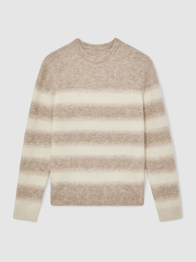 Reiss Oatmeal/White Piers Wool-Alpaca Blend Stripe Jumper - Image 2 of 6 Reiss Oatmeal/White Piers Wool-Alpaca Blend Stripe Jumper - Image 2 of 6