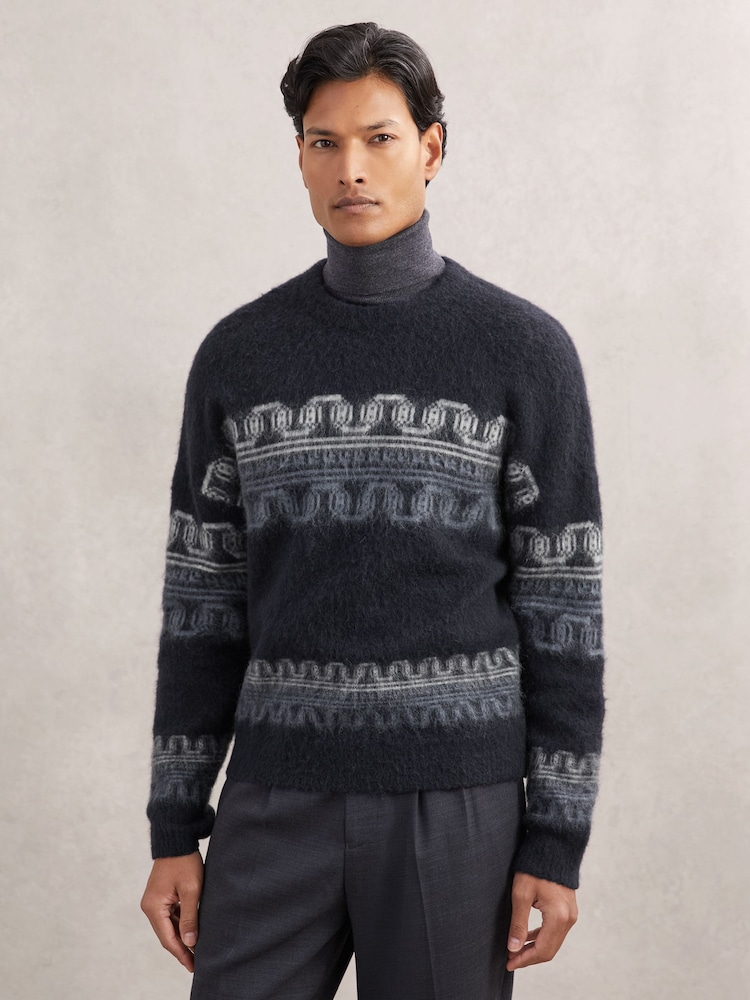 Reiss Navy Lennox Wool-Alpaca Blend Fair Isle Jumper - Image 1 of 6 Reiss Navy Lennox Wool-Alpaca Blend Fair Isle Jumper - Image 1 of 6
