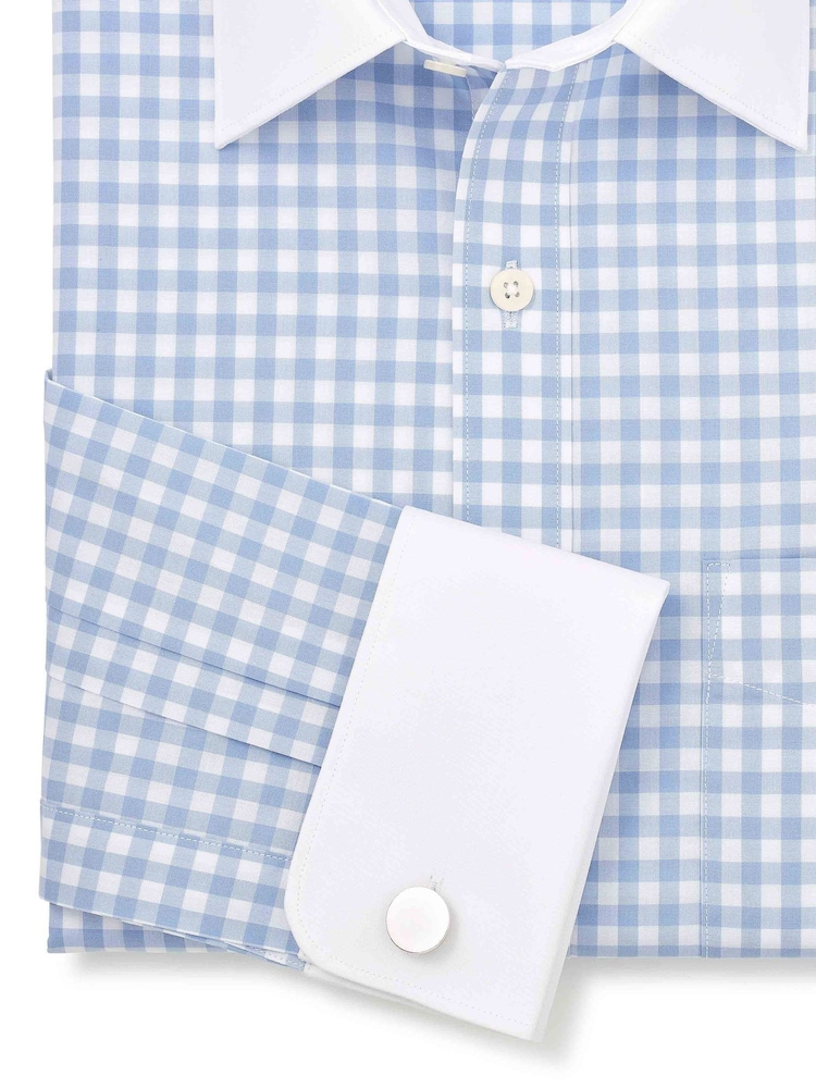 Savile Row Company Classic Fit Blue Gingham Check Cotton Winchester Double Cuff Formal Shirt - Image 5 of 5