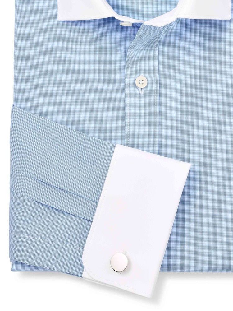 Savile Row Company Blue Double Cuff Micro Check Slim Fit Cotton Winchester Formal Shirt - Image 5 of 5