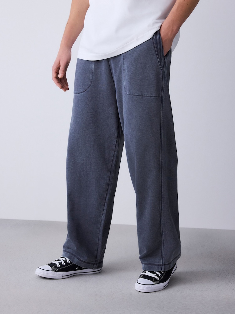 Grey Relaxed Fit Garment Wash Wide Fit Cotton Rich Heavyweight Joggers - Image 1 of 9