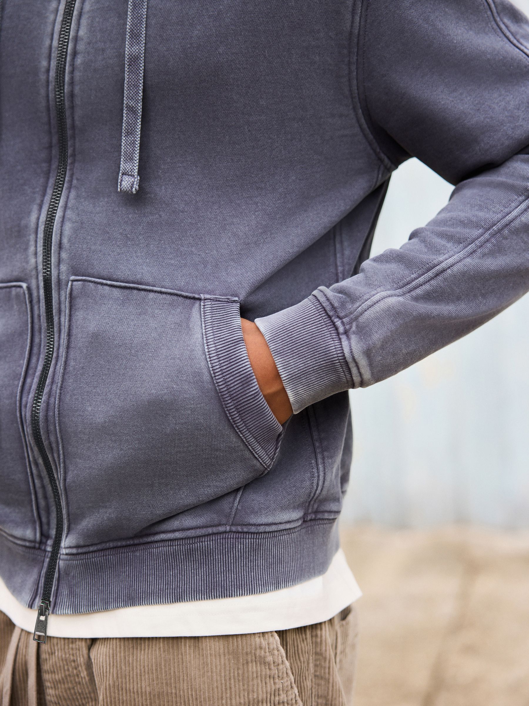 Buy Grey Garment Wash Cotton Rich Heavyweight Zip Through Hoodie