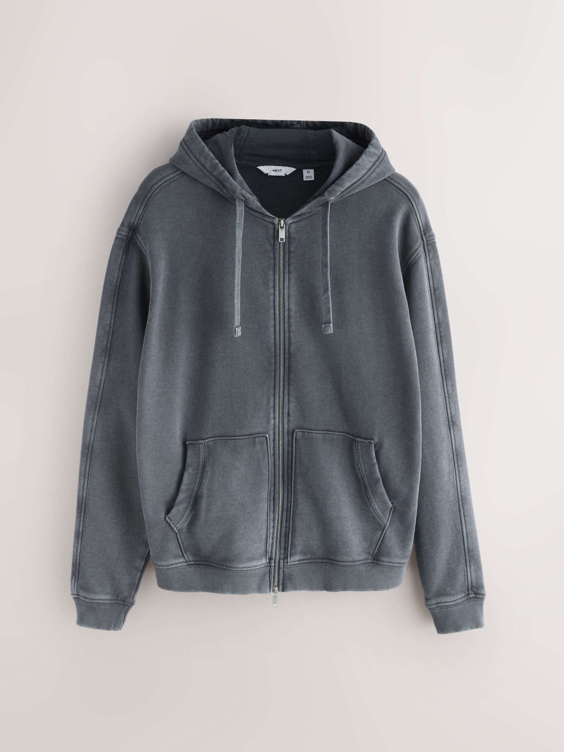 Buy Grey Garment Wash Cotton Rich Heavyweight Zip Through Hoodie