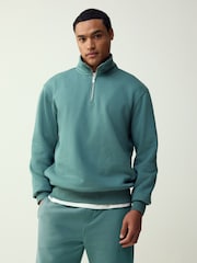 Teal නිල් - කාර්තු සිප් එක - cotton සරු ජර්සි Sweatshirt - 7න් 1 වන රූපය