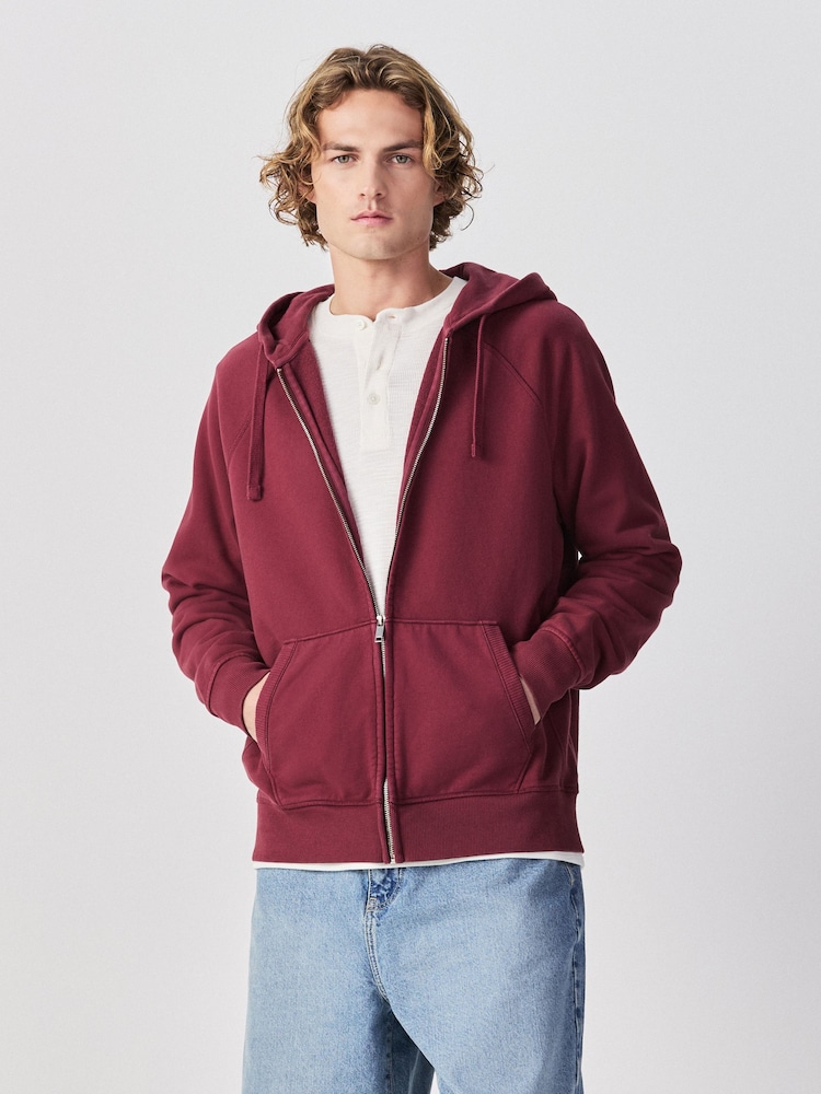 Berry Red Heavyweight Washed Zip Through Hoodie - Image 1 of 8
