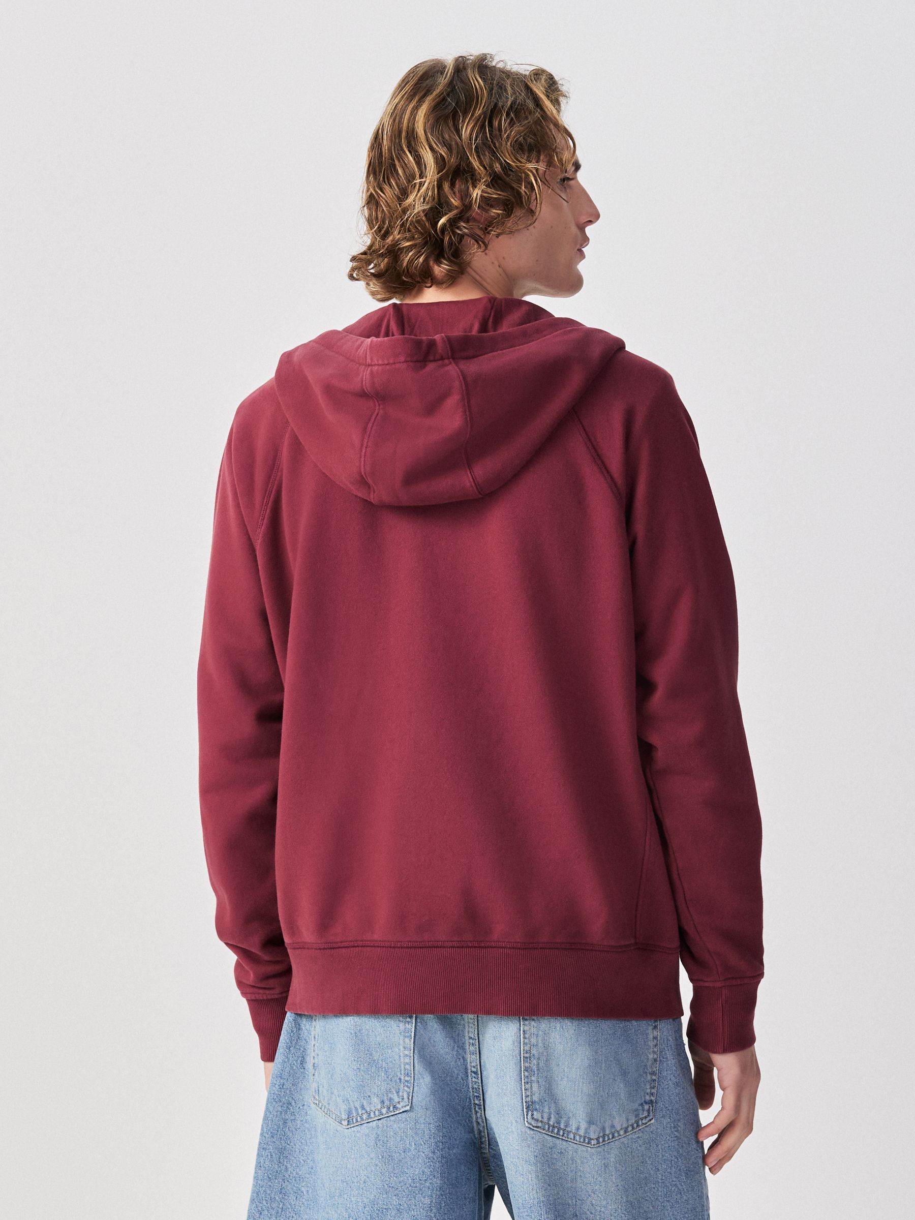 Buy Berry Red Zip Through Overhead Garment Washed Hoodie from the