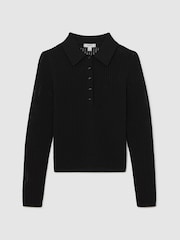 Reiss Black India Open-Knit Long-Sleeve Polo Top - Image 2 of 6