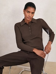 Reiss Chocolate Brown India Open-Knit Long-Sleeve Polo Top - Image 1 of 6