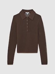 Reiss Chocolate Brown India Open-Knit Long-Sleeve Polo Top - Image 2 of 6