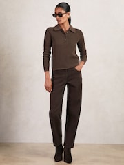 Reiss Chocolate Brown India Open-Knit Long-Sleeve Polo Top - Image 3 of 6