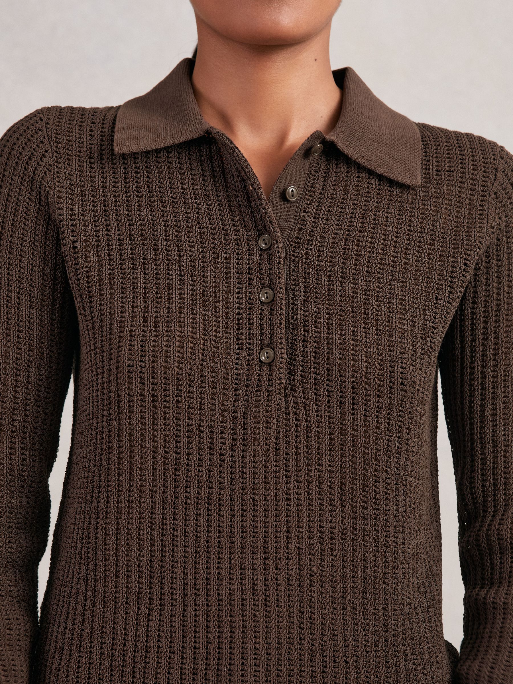 Buy Reiss Chocolate Brown India Open-Knit Long-Sleeve Polo Top