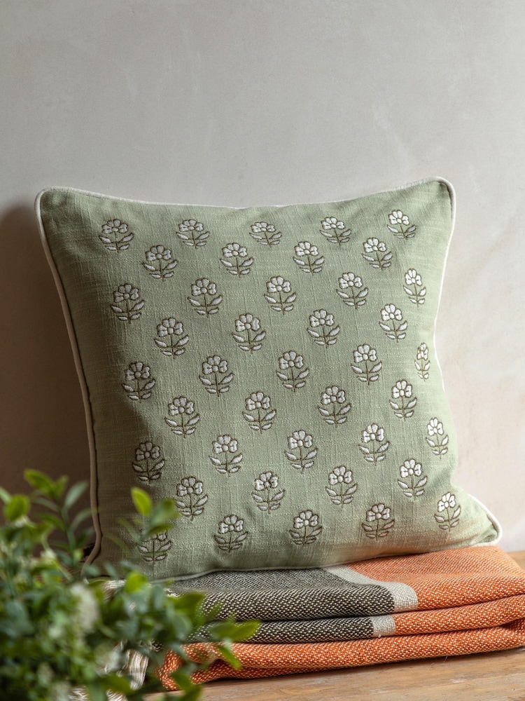 Gallery Direct Green Norley Embroider Floral Cushion - Image 1 of 5 Gallery Direct Green Norley Embroider Floral Cushion - Image 1 of 5