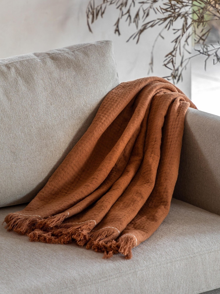 Gallery Direct Orange Mira Border Waffle Apricot Throw - Image 1 of 4 Gallery Direct Orange Mira Border Waffle Apricot Throw - Image 1 of 4