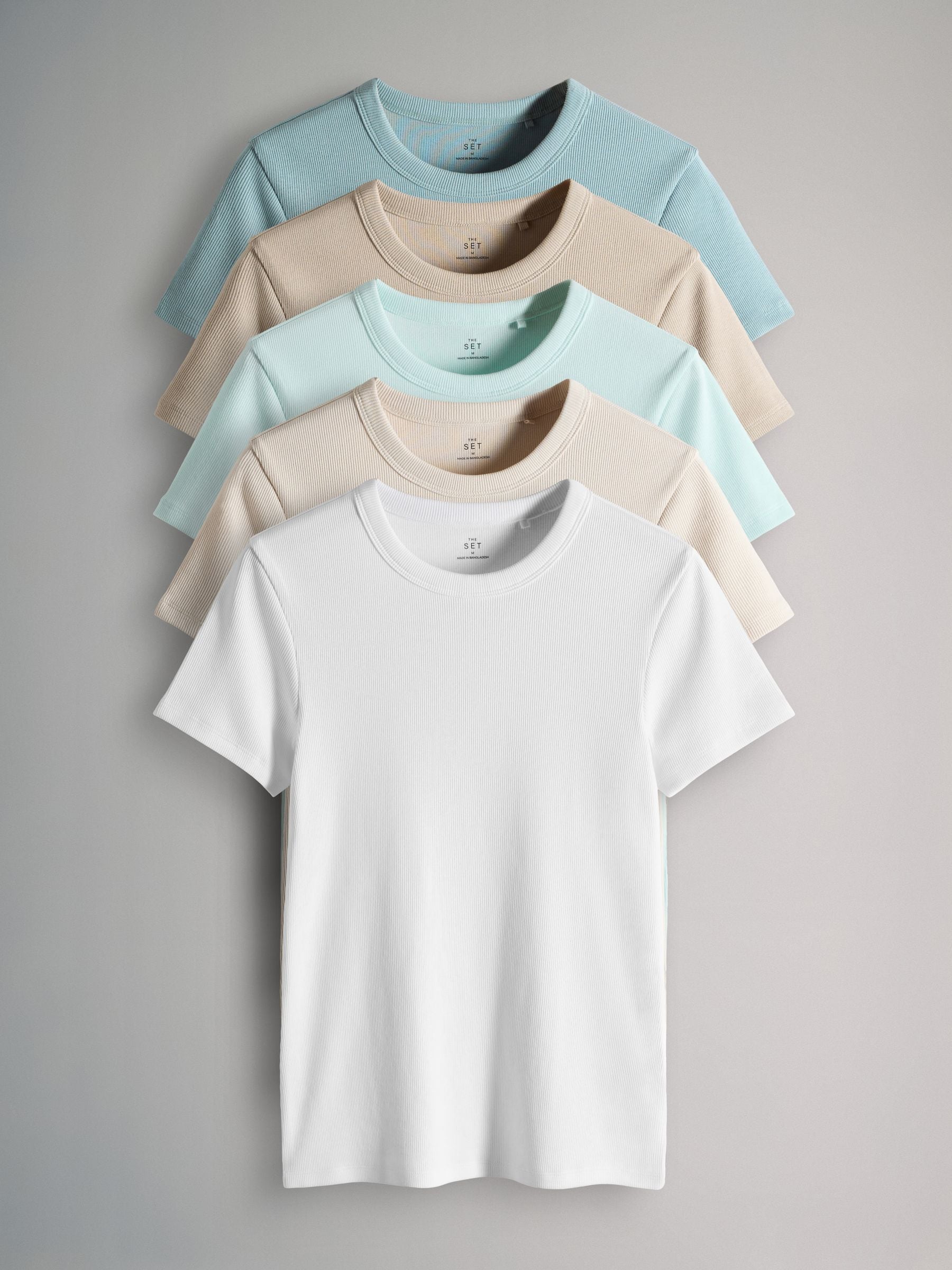 Buy The Set 5 Pack Short Sleeve Ribbed T-Shirts Taupe Brown/Light