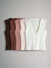 The Set 5 Pack Deep V-Neck Ribbed Vest Chocolate Brown/Pink/White - Image 2 of 6