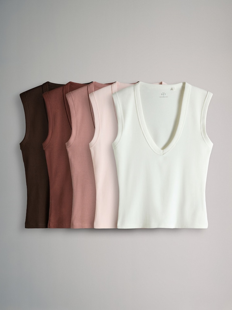 The Set 5 Pack Deep V-Neck Ribbed Vest Chocolate Brown/Pink/White - Image 2 of 6