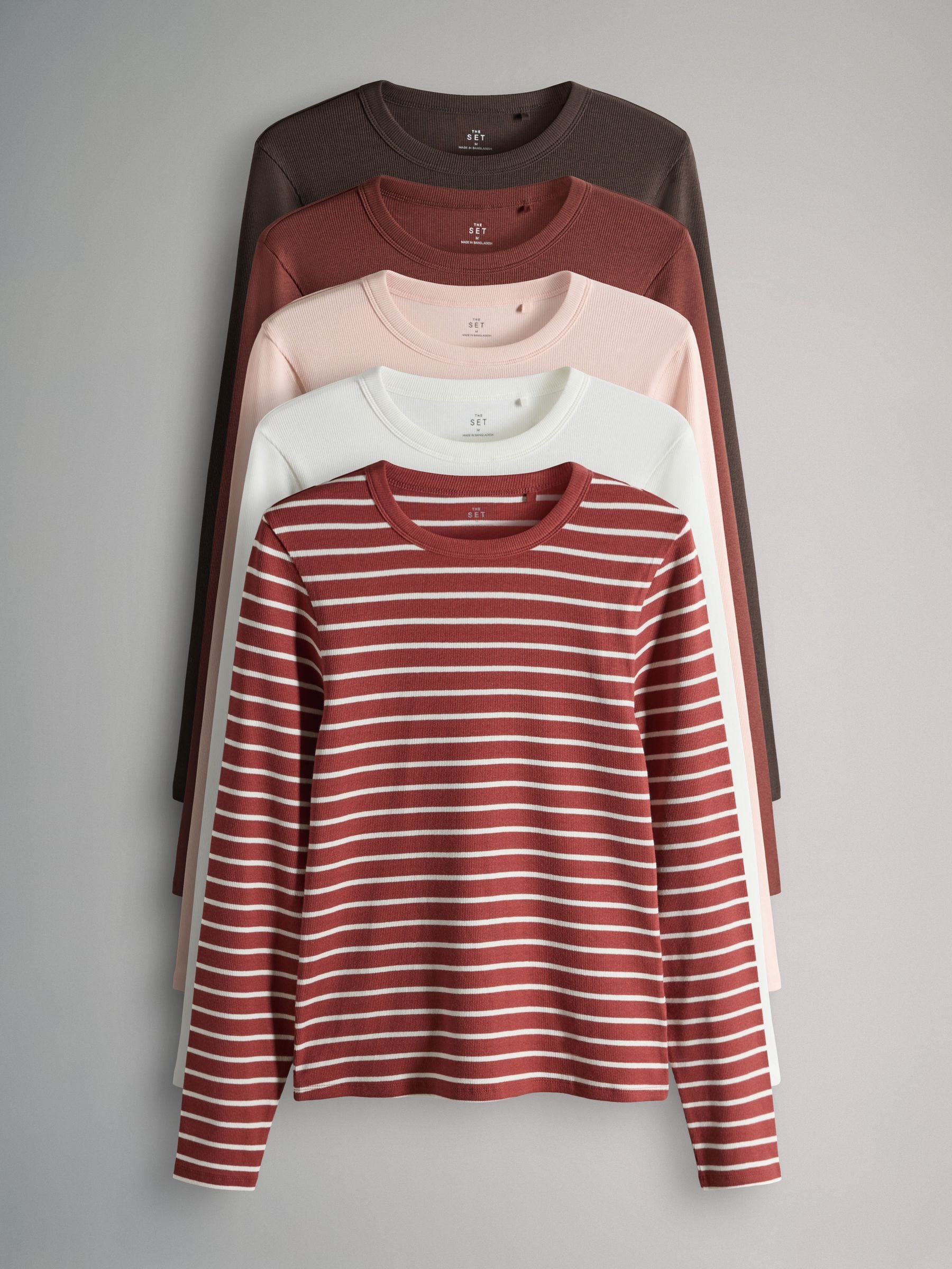 Buy The Set 5 Pack Ribbed Long Sleeve T-Shirts Brown/Pink/White