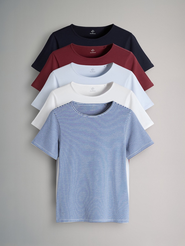 The Set 5 Pack Short Sleeve Fitted Crew Neck T-Shirts Red/Navy/Stripe/Light Blue/White - Image 1 of 6 The Set 5 Pack Short Sleeve Fitted Crew Neck T-Shirts Red/Navy/Stripe/Light Blue/White - Image 1 of 6