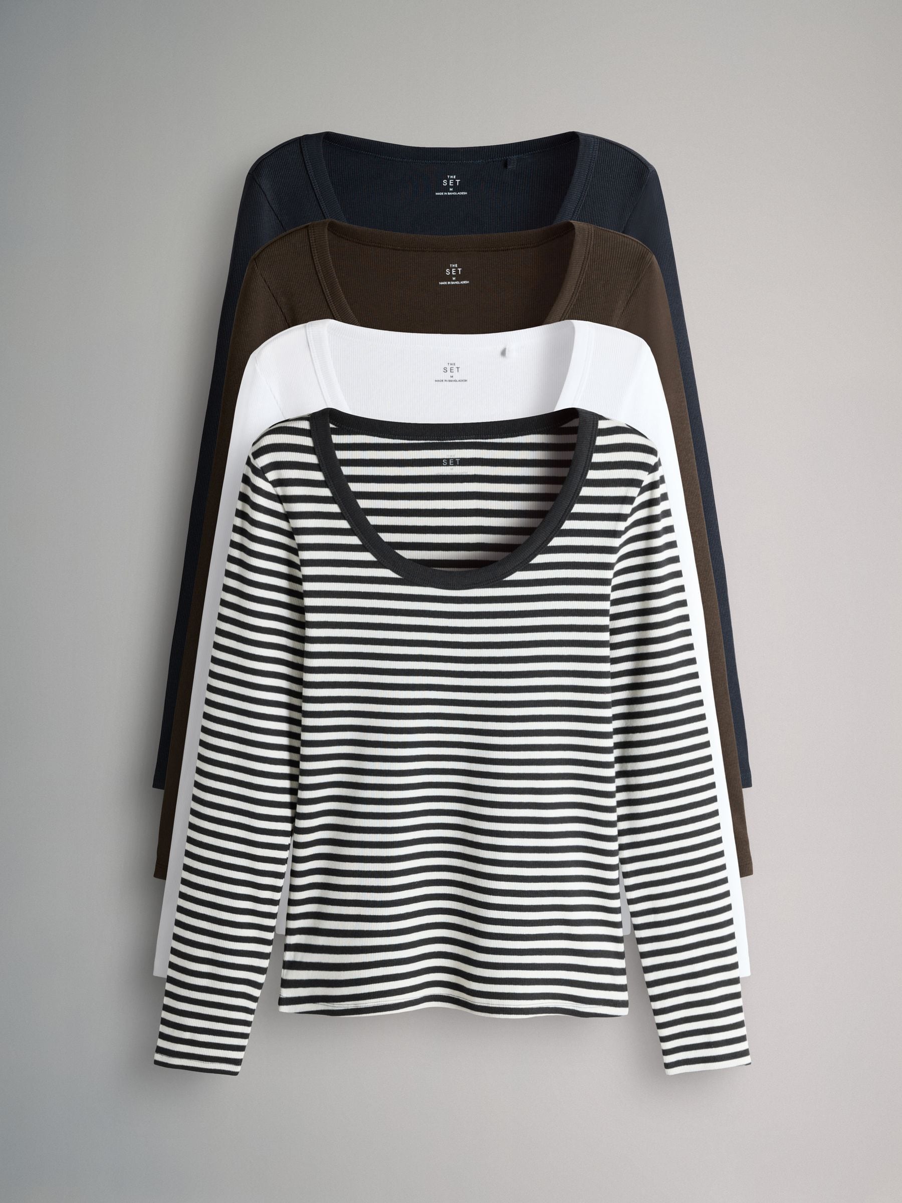 Buy The Set Navy Blue/Brown/Stripe/White 4 Pack Scoop Neck Long