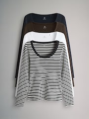 The Set Navy/Light Blue/Stripe/White 4 Pack Scoop Neck Long Sleeve Ribbed T-Shirts - Image 1 of 6
