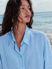 Chambray Blue Linen Blend Long Sleeve Shirt - Image 5 of 9