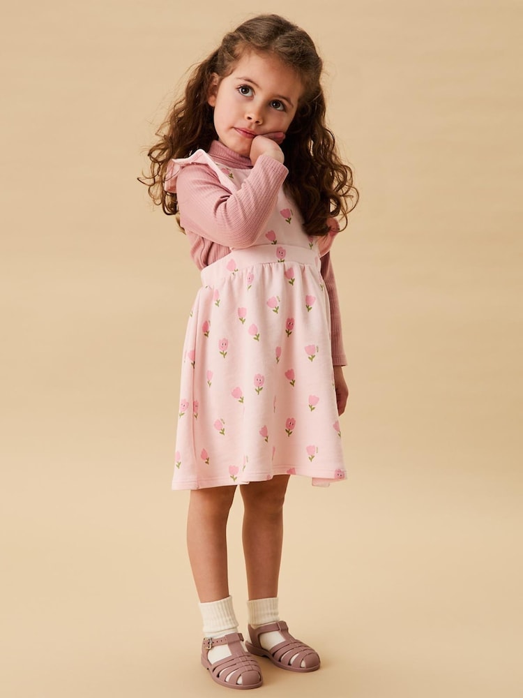 MORI Pink Tiny Tulips Pinafore Dress - Image 1 of 5 MORI Pink Tiny Tulips Pinafore Dress - Image 1 of 5