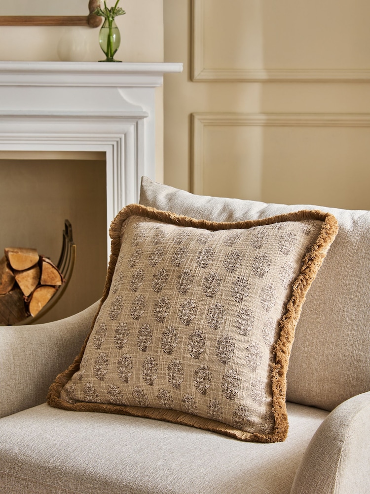 Natural 50 X 50cm Woodblock Reversible Floral Cushion - Image 1 of 5