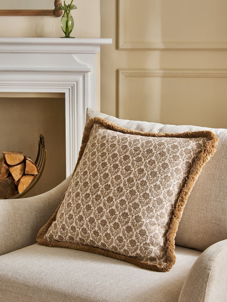 Natural 50 X 50cm Woodblock Reversible Floral Cushion - Image 2 of 5