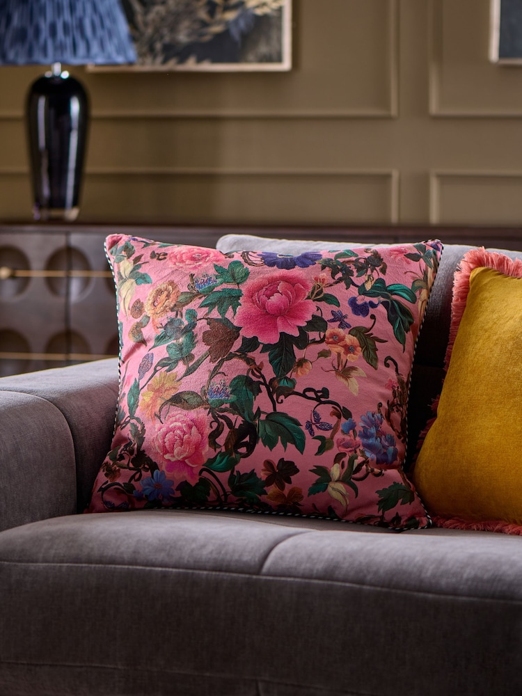 Bright Pink 50 X 50cm Maximalist Floral Velvet Cushion - Image 1 of 2 Bright Pink 50 X 50cm Maximalist Floral Velvet Cushion - Image 1 of 2