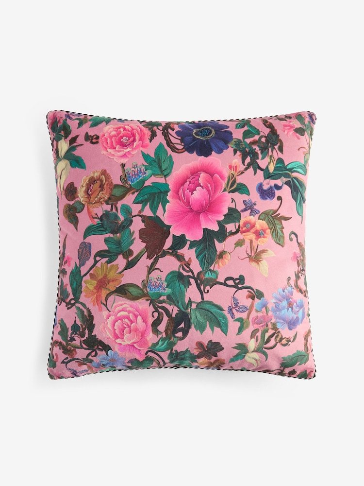 Bright Pink 50 X 50cm Maximalist Floral Velvet Cushion - Image 4 of 4