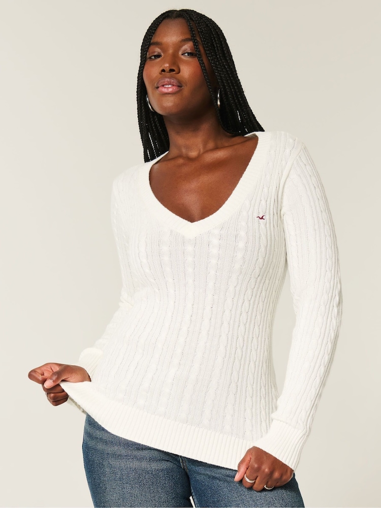 Hollister Logo Cable Knit V-Neck Jumper - Image 1 of 4