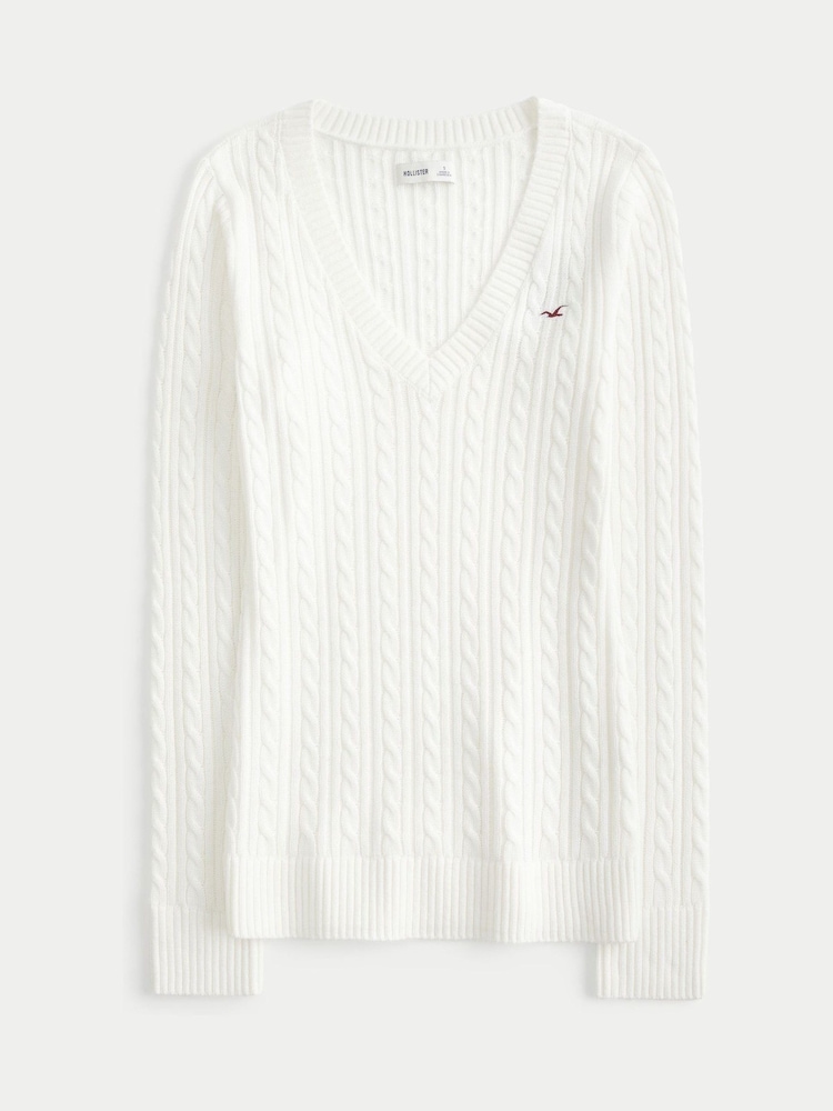 Hollister Logo Cable Knit V-Neck Jumper - Image 4 of 4