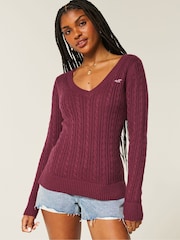 Hollister Logo Cable Knit V-Neck Jumper - Image 1 of 3