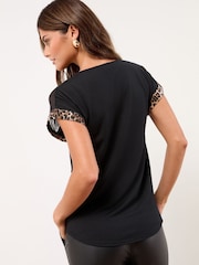 Lipsy Black Mesh Leopard Print Crew Neck T-Shirt - Image 4 of 4