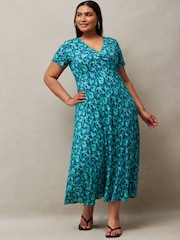 Live Unlimited Blue Ditsy Print Wrap Midi Dress - Image 1 of 5
